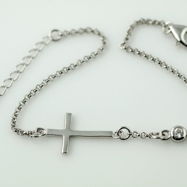 BRACELET Sideways Cross and CZ  Sterling Silver- Celebrity Style - Trending