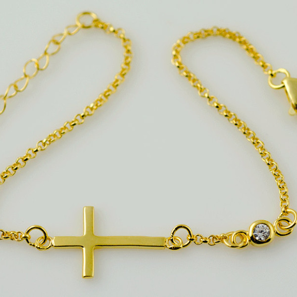 Gold Cross Bracelet, Sideways Cross Bracelet, Cross CZ Bracelet, Horizontal Cross Bracelet, Gold Sideways Cross, Cross Jewelry, Sideways