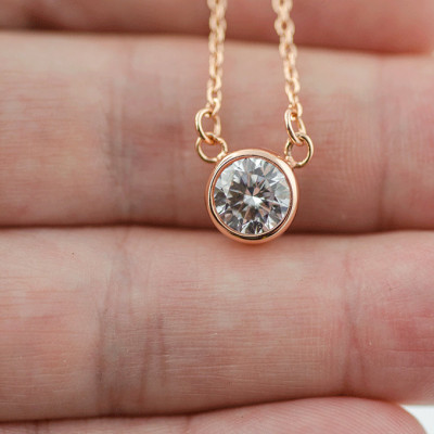 Round CZ Necklace - Rose Gold - Cubic Zirconia -  Simple Solitaire Necklace, Bridal Party Gift,