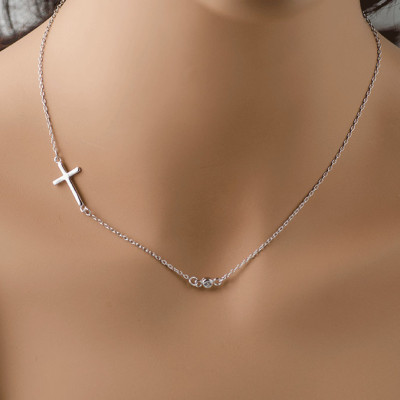 Sideways Cross Necklace with CZ  Sterling Silver- Celebrity Style - Delicate Cross Necklace, Horizontal Cross Necklace, Off Center Cross