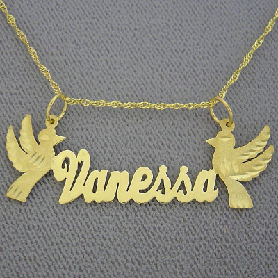 10K or 18k Yellow or White Solid Gold Personalized Name Necklace 2 Birds Laser Cut NN53