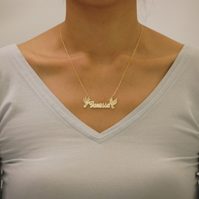 10K or 18k Yellow or White Solid Gold Personalized Name Necklace 2 Birds Laser Cut NN53