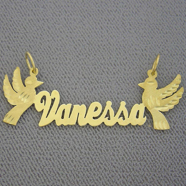 10K or 18k Yellow or White Solid Gold Personalized Name Necklace 2 Birds Laser Cut NN53