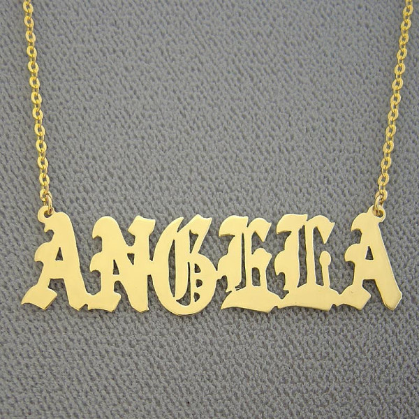 18k Yellow or White Solid Gold Personalized Name Necklace Old English Font All Capitals Upper Cases NN39