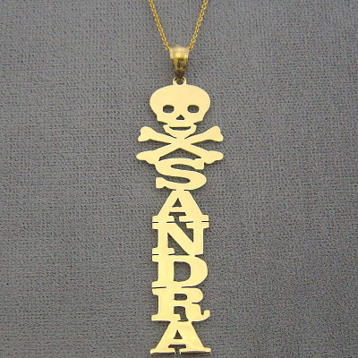 10k or 18k Yellow or White Solid Gold Personalized Vertical Name Pendant Necklace Skull Crossbone NN38