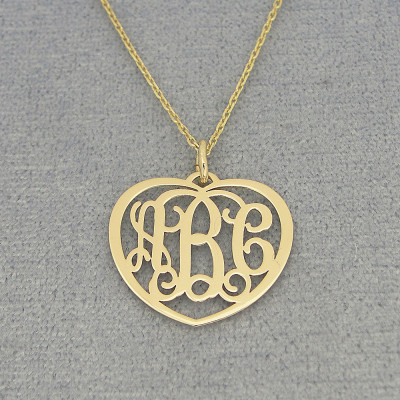 10kt or 18kt Solid Gold 3 Initials Heart Monogram Pendant Necklace Fine Jewelry 3/4" Wide GM51