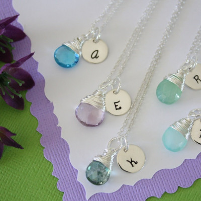 11 Bridesmaid Initial Necklace Gift, Personlized Jewelry, Bridal Party, Gemstone and Initial, Gift Set, Sterling Silver, Wedding