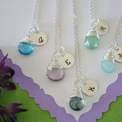 11 Bridesmaid Initial Necklace Gift, Personlized Jewelry, Bridal Party, Gemstone and Initial, Gift Set, Sterling Silver, Wedding