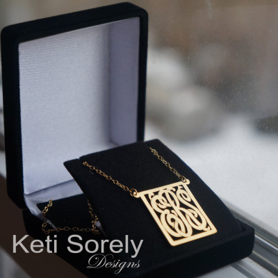 18k Gold Plated - Rectangle Monogram Necklace - Geometrical Shape Initials Necklace (Order Your Initials) Yellow Gold or Rose Gold