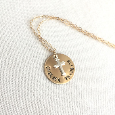 18k Gold Plated Baptism Necklace, Silver Cross, First Communion Gift, Confirmation Necklace, Gold Plated Chain, Baby Necklace, Gold Disc
