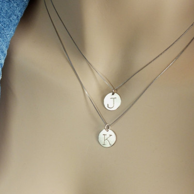 18k Layered Necklace Set, 18k Solid White Gold, 2 Initials Double Disc 11mm (almost 1/2 inch), Set of 2 18k Solid Gold Necklaces