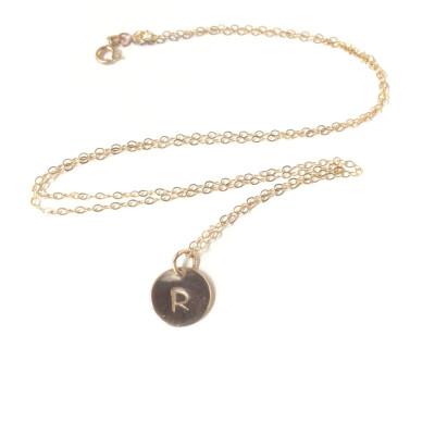 18k SOLID Gold Monogram Necklace - Hand-Stamped Initial Charm -Solid Gold 18 inch Heirloom Quality Initial Stamped Disk Charm Necklace