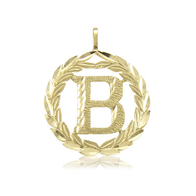 18k Solid Yellow Gold Wreath Initial Letter Pendant - A-Z Any Alphabet Necklace Charm