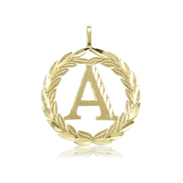 18k Solid Yellow Gold Wreath Initial Letter Pendant - A-Z Any Alphabet Necklace Charm