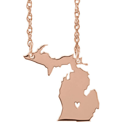 18k Yellow Gold 18k White Gold 18k Rose Gold 10k Gold Sterling Silver Michigan MI State Map Necklace Personalized Heart Pierced City