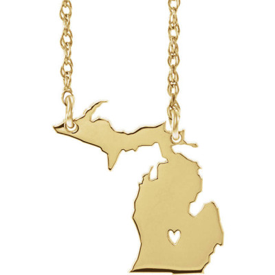 18k Yellow Gold 18k White Gold 18k Rose Gold 10k Gold Sterling Silver Michigan MI State Map Necklace Personalized Heart Pierced City