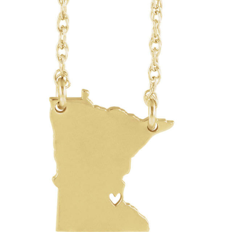 14k Yellow Gold 14k White Gold 14k Rose Gold 10k Gold Sterling Silver Minnesota Mn State Map Necklace Personalized Heart Pierced City