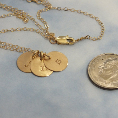 18k Gold 3 Initial Necklace, 18k 9mm Initial Necklace, 3/8" Disc Tiny 18k Gold Charm Necklace, 1.5mm Solid Gold Cable Chain