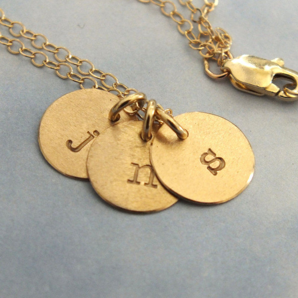 18k Gold 3 Initial Necklace, 18k 9mm Initial Necklace, 3/8" Disc Tiny 18k Gold Charm Necklace, 1.5mm Solid Gold Cable Chain