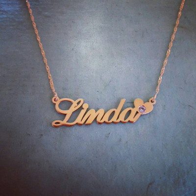 18k Gold Name Necklace ORDER ANY NAME Linda Style Heart Birthstone Nameplate Necklace Real Gold Necklace Heart Pendant Christmas Sale!