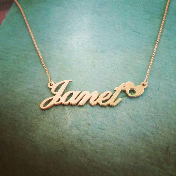 18k Gold Name Necklace/ ORDER ANY NAME/Janet style heart birthstone nameplate necklace/Real gold necklace/nameplate necklace/heart pendant