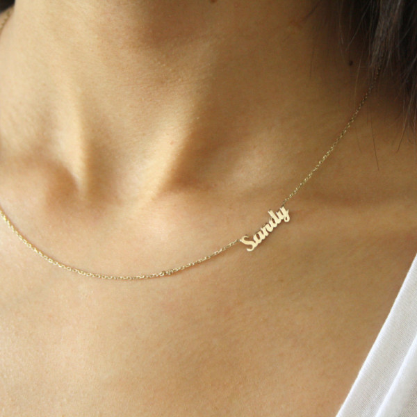 18k Gold Sideways Name Necklace ~ Personalized Mini Name Necklace ~ Name Necklace ~ Thin Gold Name Necklace ~ Valentines Day Gift