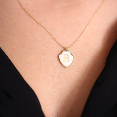 18k Initial Necklace with Enamel/ Shield Pendant Personalized/ Personalized Enamel Monogram Necklace in Rose Gold/ Graduation Gift