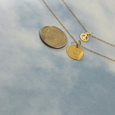 18k Layered Necklace Set, Solid Gold Layered Necklace Set, Peace Sign and 11mm Hand Stamped Initial Necklace, Solid 18k Layered Set