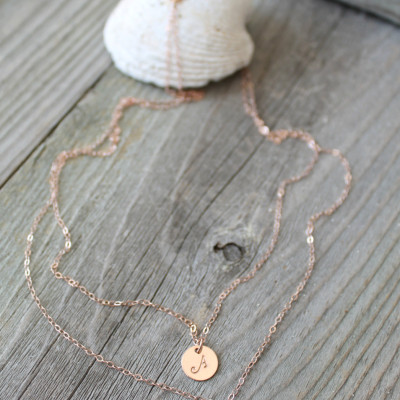 18k Rose Gold Plated Layered Initial Necklace, faceted crystal clear pendant, personalized stamped disc, Double chain, Monogram Letter