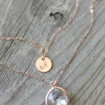 18k Rose Gold Plated Layered Initial Necklace, faceted crystal clear pendant, personalized stamped disc, Double chain, Monogram Letter