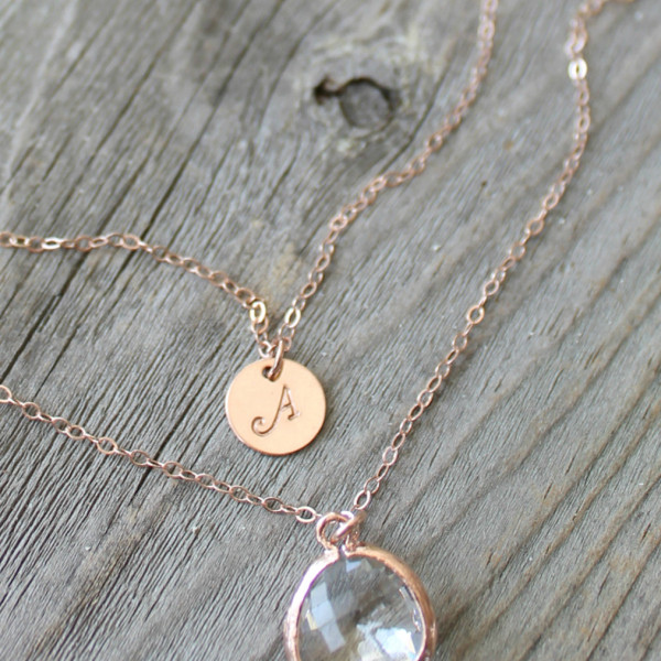 18k Rose Gold Plated Layered Initial Necklace, faceted crystal clear pendant, personalized stamped disc, Double chain, Monogram Letter