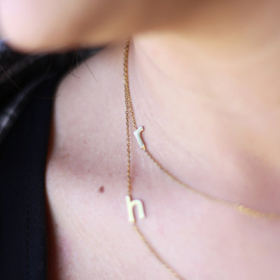 18k Solid Gold Two Tiny Initial Necklace , Silver Initial Necklace , Sideways Letter Necklace ,Two Letter Necklace , Handmade Necklace