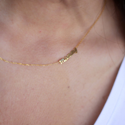 18k Solid Gold Sideways Name Necklace , Personalized Tiny Name Necklace , Silver Name Necklace , Thin Gold Name Necklace , MothersDay Gift