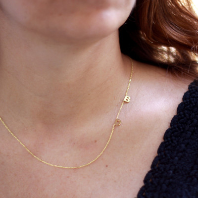 18k Solid Gold Two Initial Necklace,Gold Initial Necklace,Sideways TINY Letter Necklace ,Two Letter Necklace,personalized Necklace