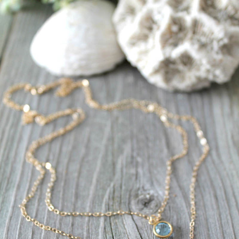 18-Inch Hamilton Gold Plated Necklace with 4mm Light Sapphire Birthstone Beads and Gold Filled Blessed Karolina Kozkowna Charm.