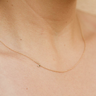 18k gold sideways side initial necklace, gold letter necklace