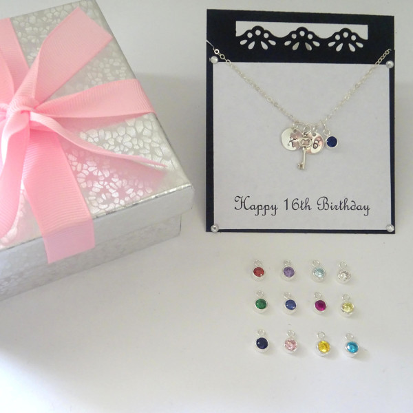 16th Birthday necklace, Personalized Birthstone Necklace with Message Card, Sweet 16, Key Necklace, Initial necklace, Granddaughter gift