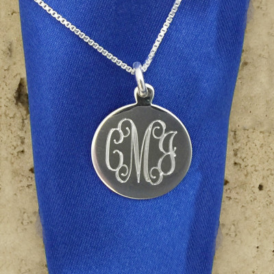 18mm Round Sterling Silver Engraved Monogram Charm Pendant with Necklace 07694