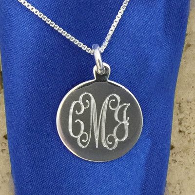 18mm Round Sterling Silver Engraved Monogram Charm Pendant with Necklace 07694