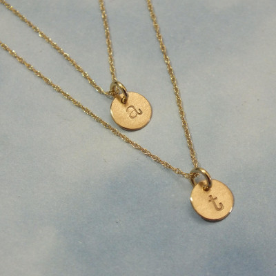 2 Necklace Set 18k Solid Gold Necklace TINY 6mm Initial ( 1/4 inch) Itty Bitty Gold Initial 18k Solid Gold Disc - Hand Stamped Necklace