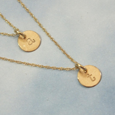 2 Necklace Set 18k Solid Gold Necklace TINY 6mm Initial ( 1/4 inch) Itty Bitty Gold Initial 18k Solid Gold Disc - Hand Stamped Necklace