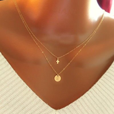 20% off Layered tiny cross and disc necklace, All 18k Gold Plated, personalized necklace, personalized letter, personalized gift