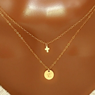 20% off Layered tiny cross and disc necklace, All 18k Gold Plated, personalized necklace, personalized letter, personalized gift