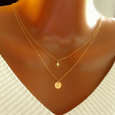 20% off Layered tiny cross and disc necklace, All 18k Gold Plated, personalized necklace, personalized letter, personalized gift
