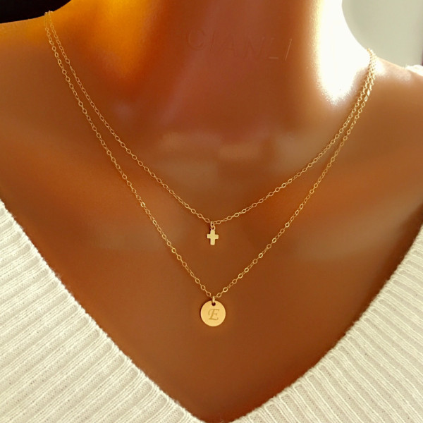 20% off Layered tiny cross and disc necklace, All 18k Gold Plated, personalized necklace, personalized letter, personalized gift