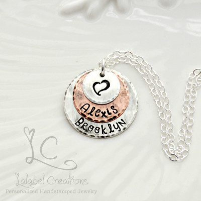 3 Layered disc Necklace, Mom Necklace with Kids Names, Personalized Name Necklace, Custom Hand Stamped Necklace with Heart, Gift for Mom
