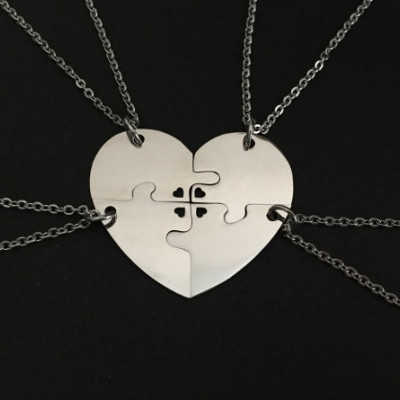 4 Sterling Silver Heart Puzzle Necklaces. 4 Piece Puzzle Necklaces. Personalized Puzzle Necklaces. Matching Puzzle Necklaces. Jigsaw Puzzles
