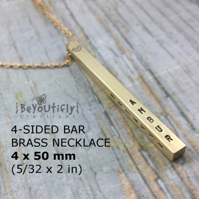 4x50mm Brass 4 Sided Bar Necklace, Personalized Hand Stamped Vertical Bar Pendant, Four Sides Stamped Bar Rod Pendant, Custom Quote Jewelry