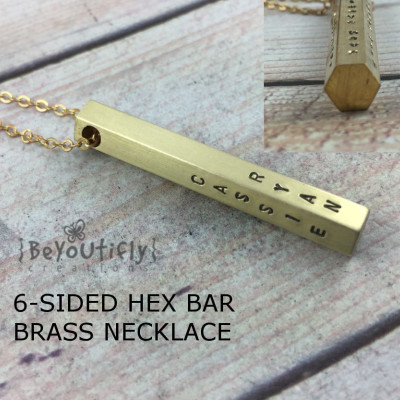 6 Sided Bar Brass Personalized Necklace, Hand Stamped Vertical Bar Pendant, Six Sides Bar Charm, Custom Stamped Hexagon Bar, 6 Names Pendant