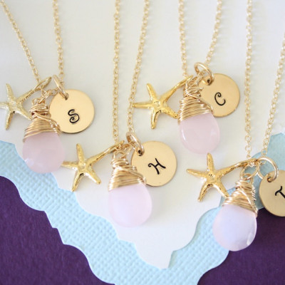 7 Bridesmaid Necklace Personalized Gold Starfish, Bridesmaid Gift, Beach Wedding, Gold, Gemstone, Initial jewelry, Thank you Card, pink